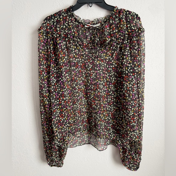 Joie Tops - Joie Sheer Black Pink Floral Tie V-Neck Bishop Sleeve Blouse Womens M Preppy